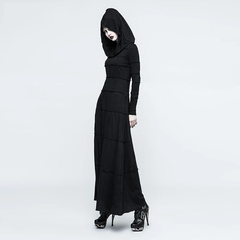PUNK RAVE Women's Gothic Mysterious Hooded Bodycon Black Long Dress Extreme Straight Halloween Party Club Women Dress