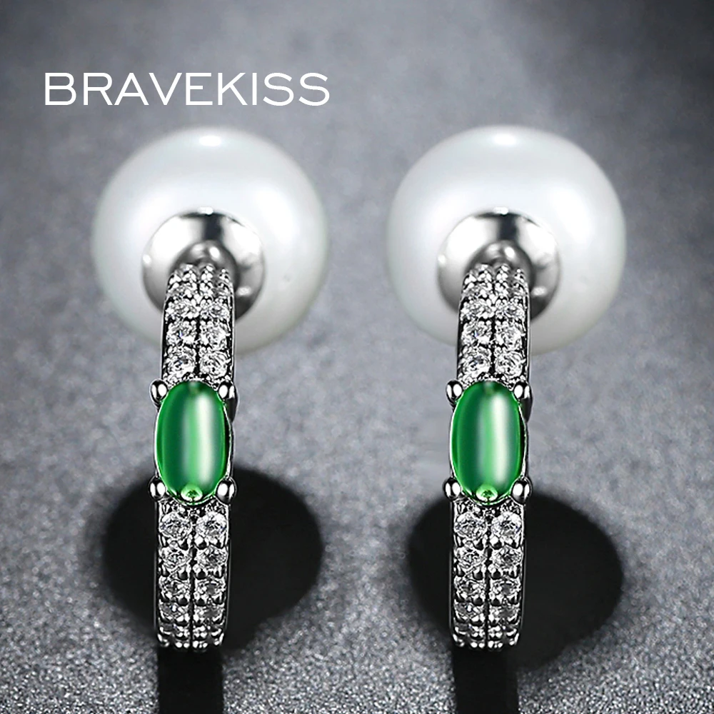 Женские серьги кольца BRAVEKISS с зелеными стразами кубическим цирконием подвески