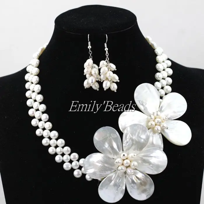 Ожерелье с белым пресноводным жемчугом и ракушками комплект ювелирных изделий