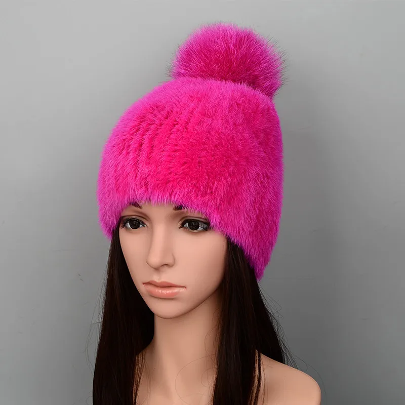 08 rose red Норковая меховая шапка вязаная, головные уборы с помпоном из меха лисы зимние женские шапки натуральный мех шапки для женщин - Цвет: 08 rose red