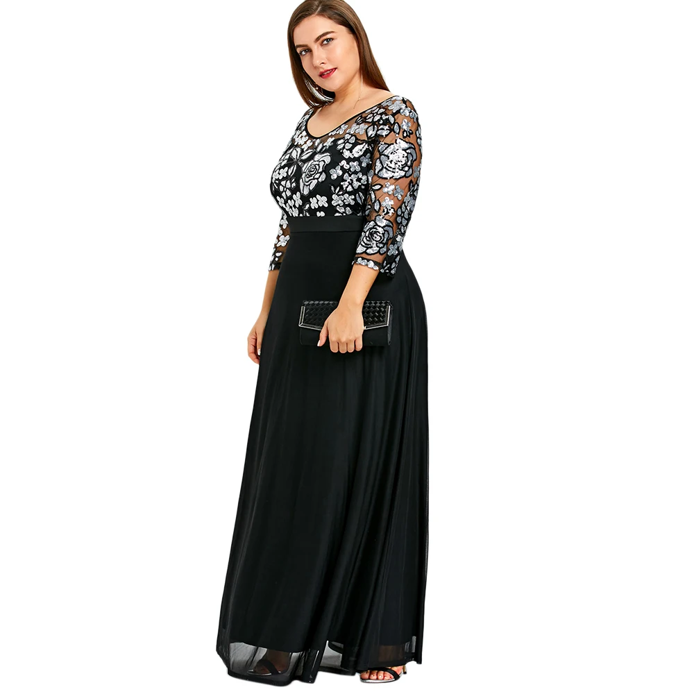 2018 новый плюс Размеры 5xl Sequined Floral Maxi Пром Для женщин праздничное длинное платье