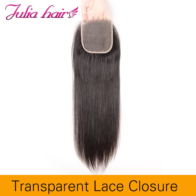 Ali Julia Hair Transparent Lace Closure Brazilian Straight Hair Remy Hair Free Part 120% Density 4*4 Swiss Lace
