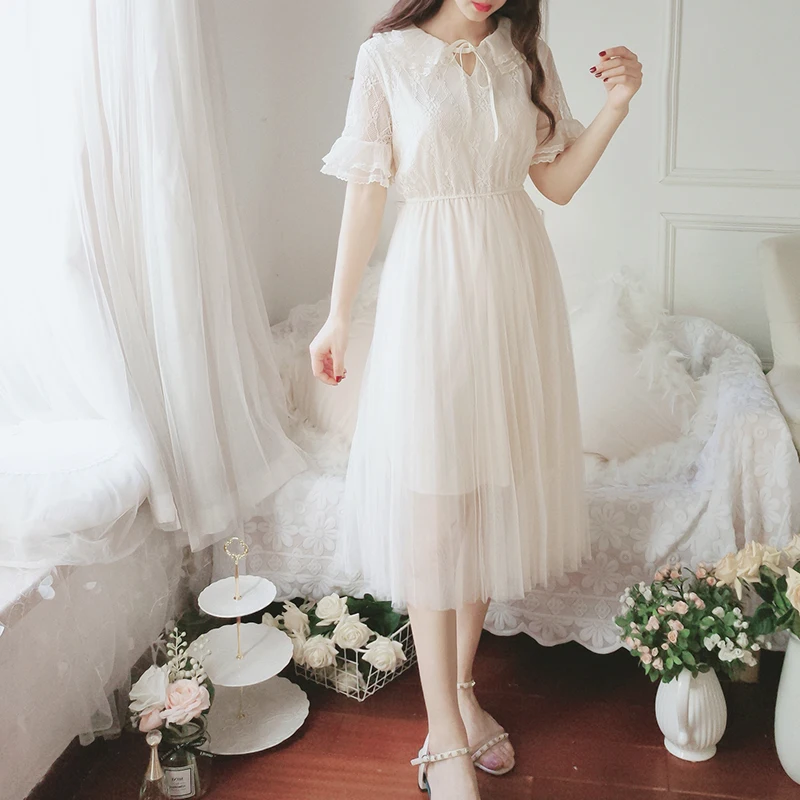 

Летнее платье для девочек-подростков, корейское кружевное платье в стиле ретро, милые вечерние платья с коротким рукавом и вырезом