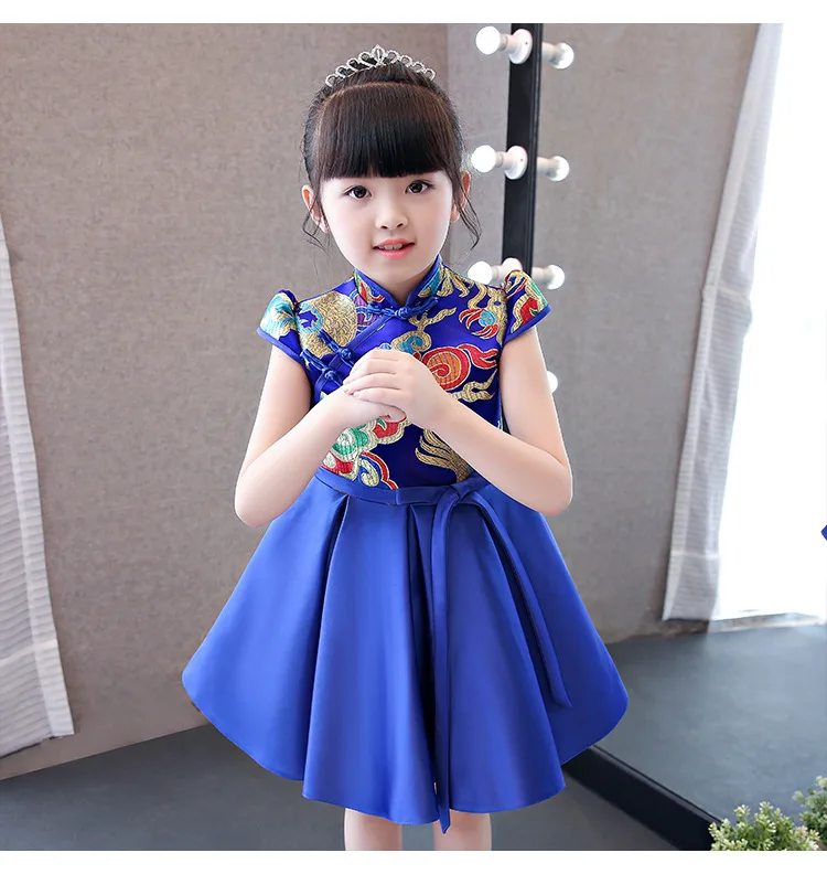 Синий атлас Cheongsam для девочек традиционное китайское короткое Новогоднее платье детское платье принцессы для выступления одежда