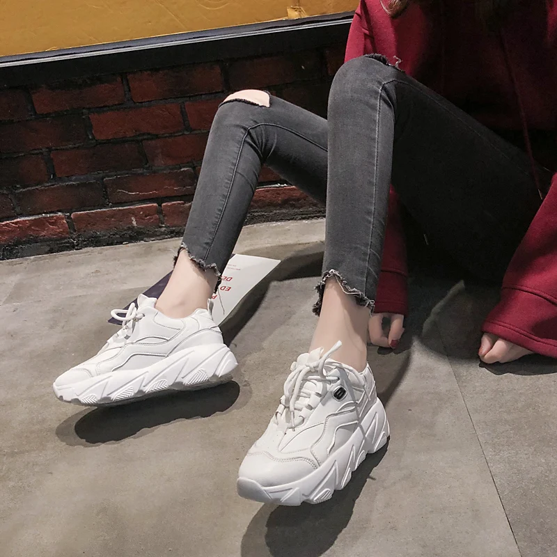 White Shoes Women Sneakers Thick Sole Ladies Platform Height Increasing Chunky Chaussures Femme Buty Damskie | Обувь