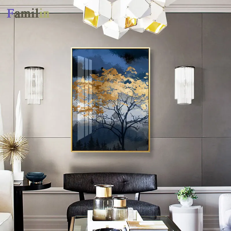 Abstract Green Forest Gold Lucky Tree Canvas Art Plant Poster HD Painting On The Wall For Living Room Fashion Cuadros Decoracion | Дом и сад