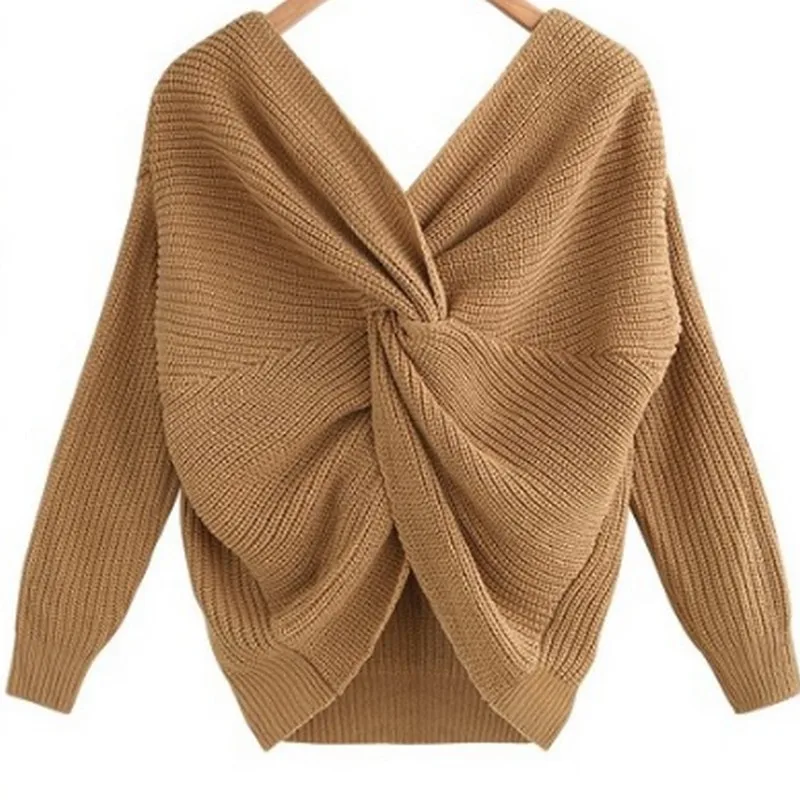 Fashion Solid Color V-neck Open Back Women's Sweater Irregular Cross Knotting Woman Winter 2019 Office Ladies | Женская одежда