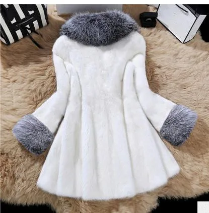 Черно-белая женская длинная куртка из искусственного меха норки пальто лисьего