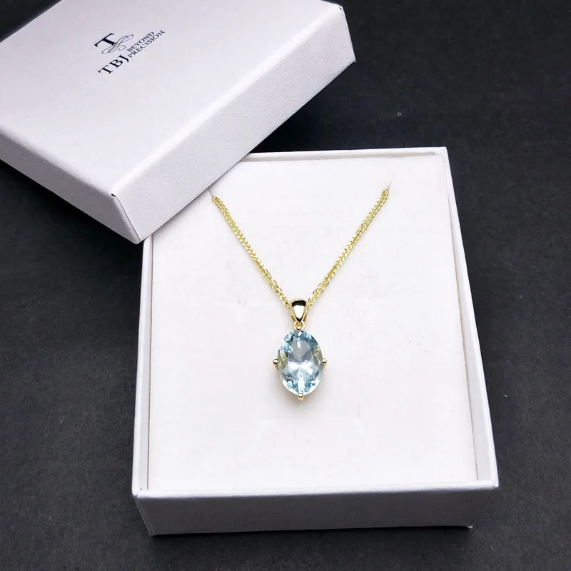 TBJ shape pendant with good color natural brazil aquamarine gemstone in 925 sterling silver yellow jewelry for women | Украшения и