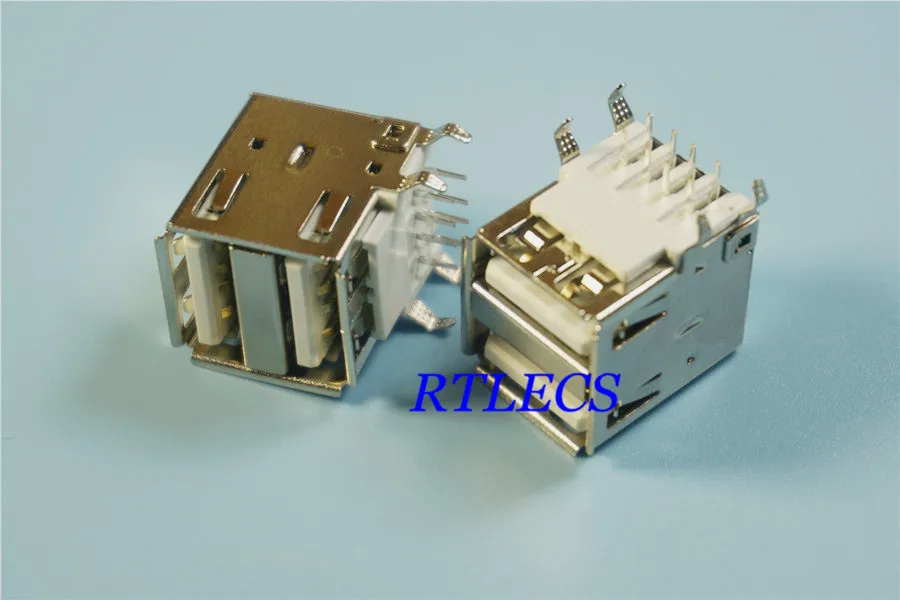 

50pcs USB 2.0 Connector A Type Dual Port Right Angle Through Holes PCB Solder Receptacle Socket Metal Shield