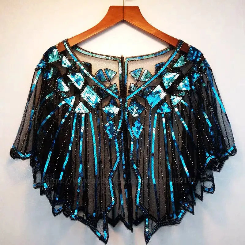 blue2 shawl Женская винтажная накидка с блестками и бусинами, вечернее платье, женская Пляжная накидка, Солнцезащитная Короткая шаль, пальто, лето, 20 s - Цвет: blue2 shawl