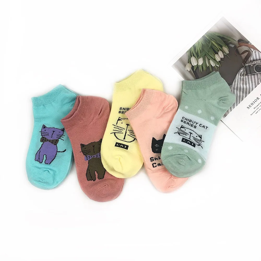 Цветные Мультяшные женские носки с котом повседневные милые лодочки животными