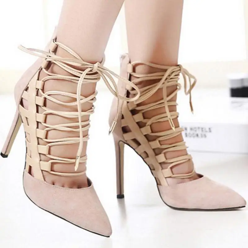Летние туфли с перекрестной шнуровкой на высоком каблуке острым носком