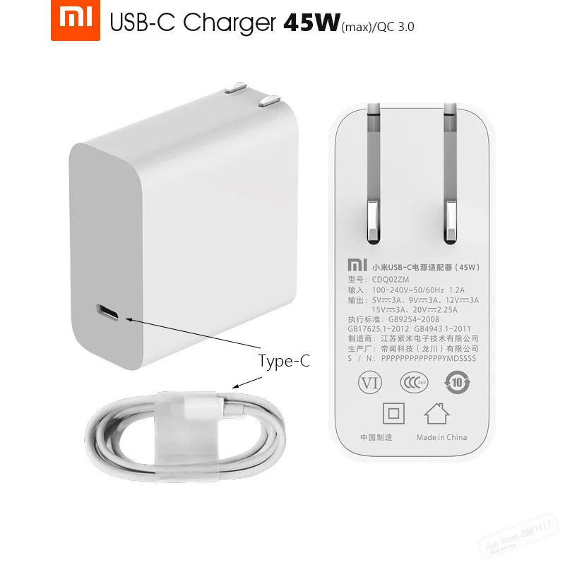 Xiaomi Mi USB-C 45 Вт(макс.) зарядное устройство с умным выходом type-C порт USB PD 2,0 QC 3,0 быстрая зарядка подарок C2C кабель