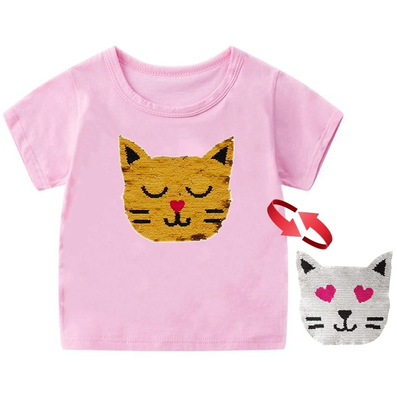 yellow - silver cat Двусторонняя Футболка с блестками; летняя детская футболка для мальчиков и девочек; футболки с короткими рукавами для маленьких девочек; хлопковая детская футболка; футболки с круглым вырезом - Цвет: yellow - silver cat