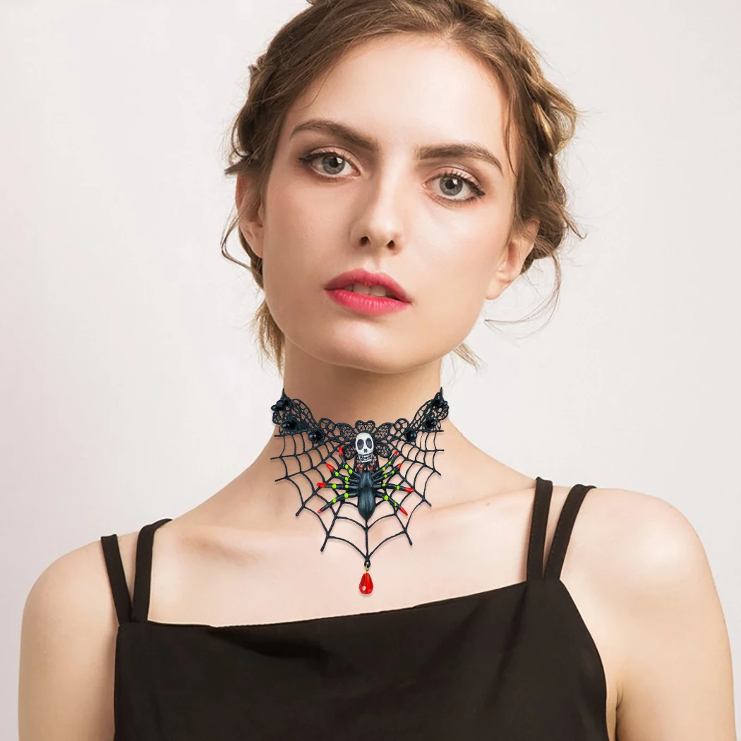 Women Halloween Spider Cobweb Chokers Crystal Lace Neck Choker Party Necklace Gothic Steampunk Jewelry |