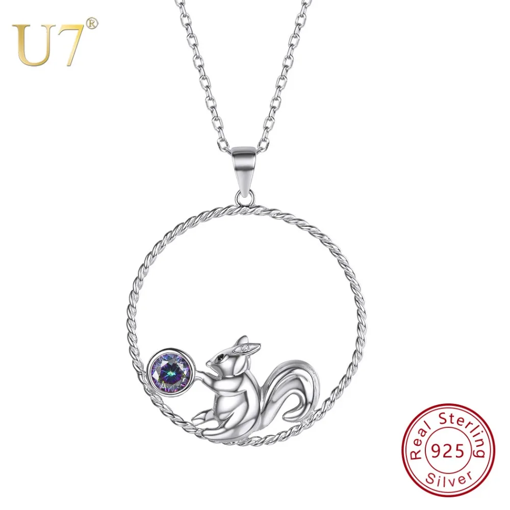 

U7 925 Sterling Silver Cute Squirrel Playing Gem Pendant & Chain 2018 Mother's Day Gift For Women Animals Jewelry Necklace SC50