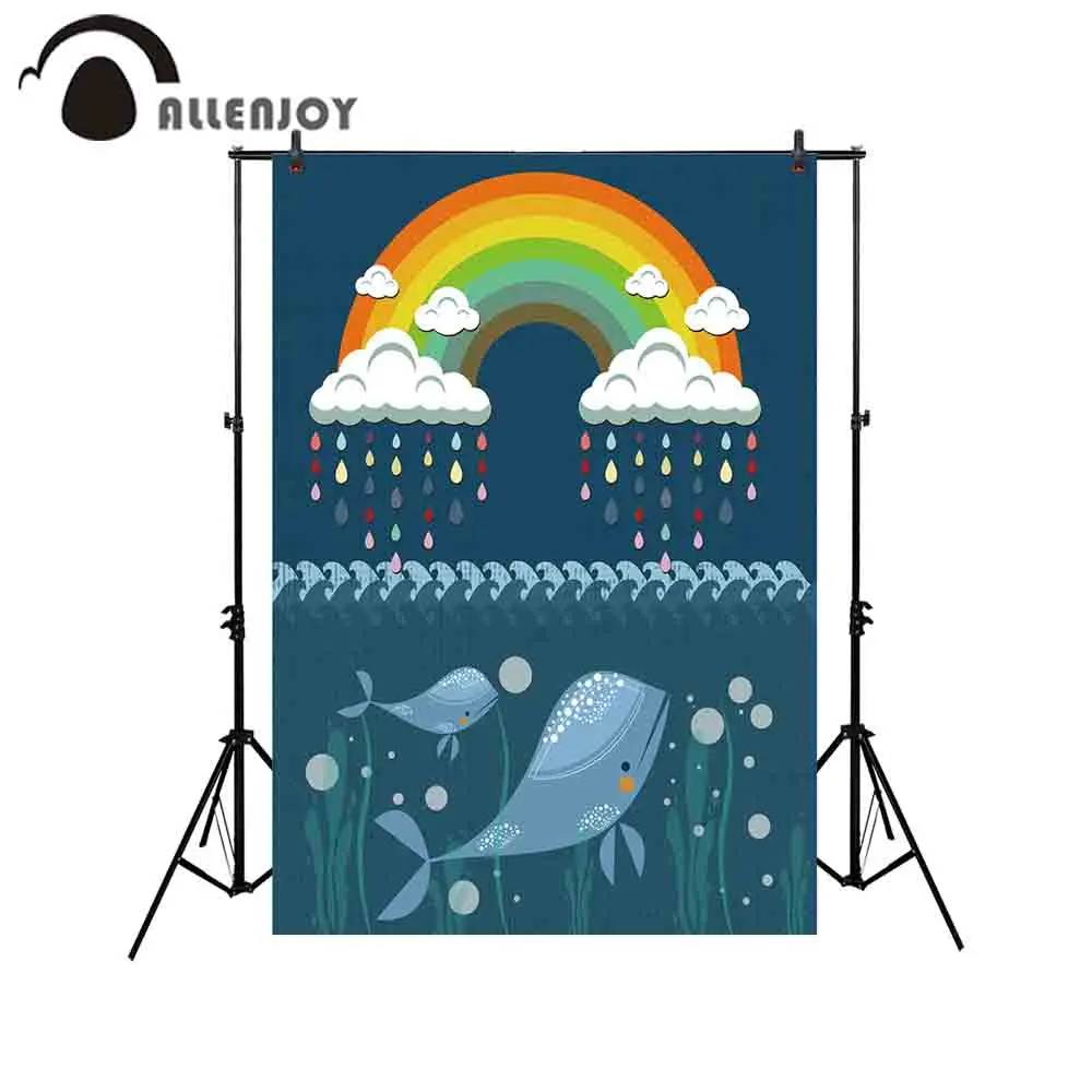 

Allenjoy background cloths photography Navy blue rainbow clouds whale ocean cartoon baby birthday party backdrops photophone