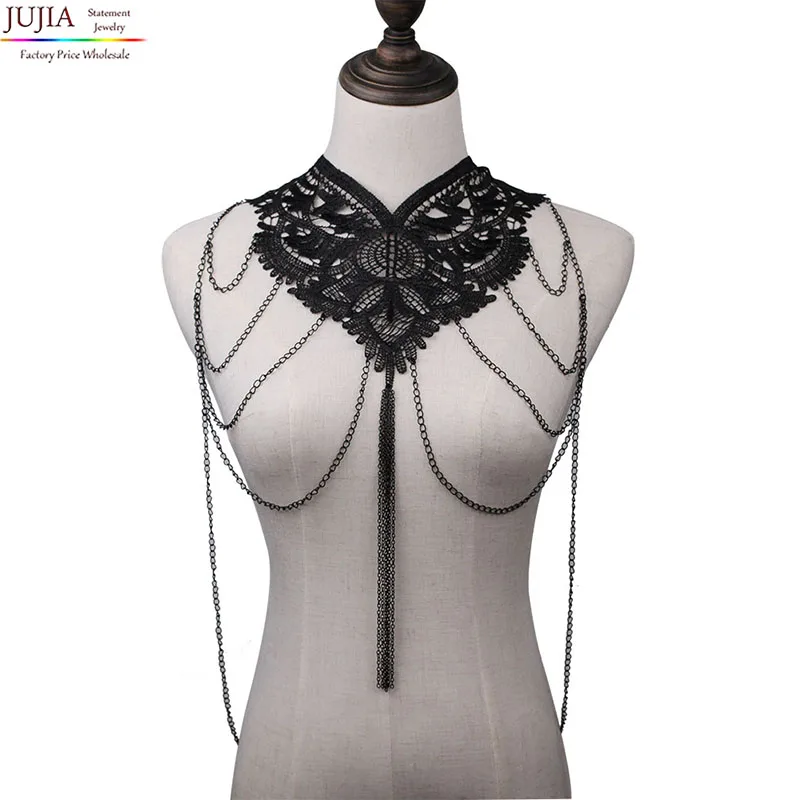 2017 кружевное черное женское ожерелье с цветами ажурное многослойной цепью для