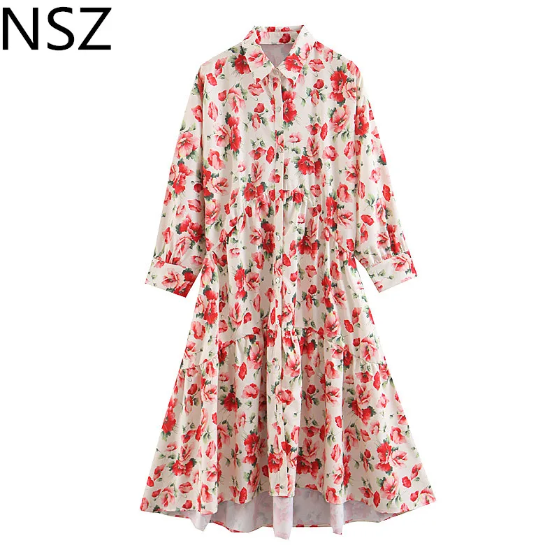 NSZ женское платье с цветочным принтом ТРАПЕЦИЕВИДНОЕ миди отложным воротником на
