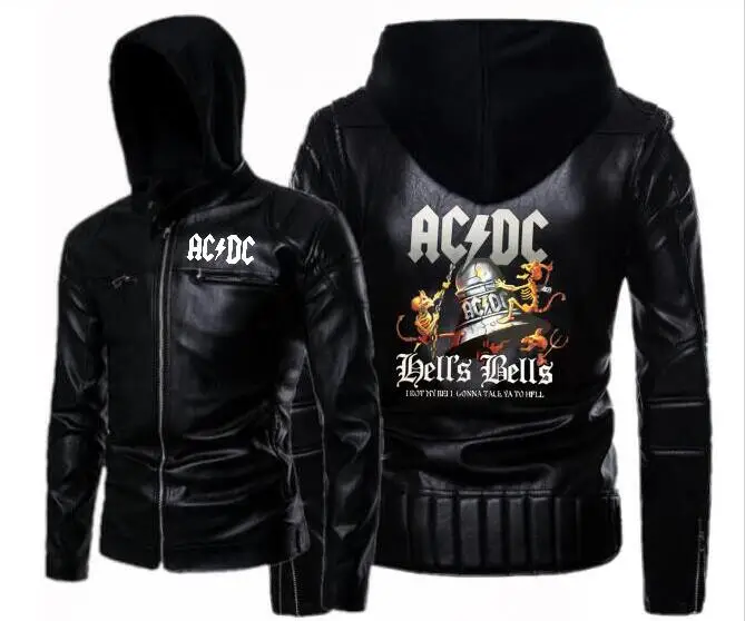 Модная Новая черная ACDC кожаная куртка с капюшоном мужская Тонкая мотоциклетная
