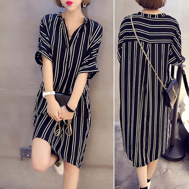 Черная рубашка M-5XL женское платье-халат корейское платье Багги свободного покроя