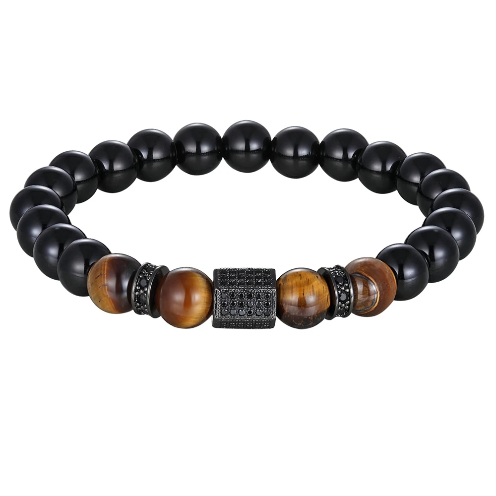 Black color XQNI матовый оникс Камень и тигровый глаз сочетание сшивание с кубическим Цирконом ручной ювелирные изделия эластичный браслет из бусин стрейч мужской браслет - Окраска металла: Black color