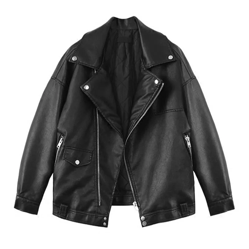 

2021 Faux Pu Leather Jackets For Women Spring Autumn Plus Size Loose Motorcycle Woman Jacket Turn-down Collar Zipper Coat Female