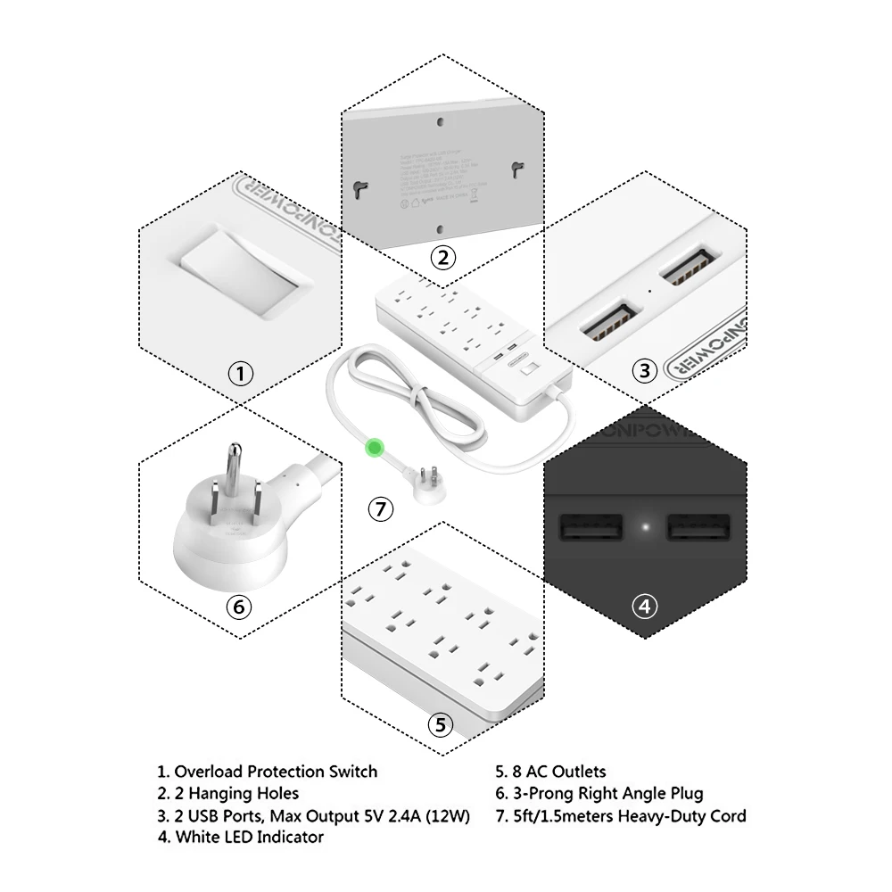 NTON POWER Smart Power Strip с 8 разъемами переменного тока 2 USB для защиты от перенапряжения