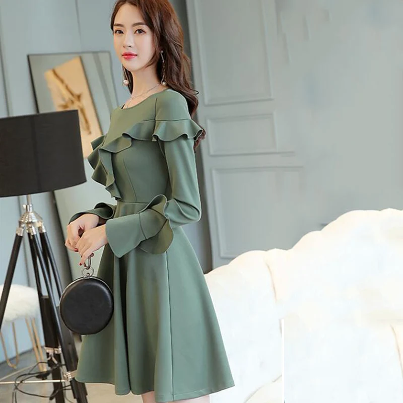 Женское однотонное платье с оборками на рукавах повседневное праздвечерние чное