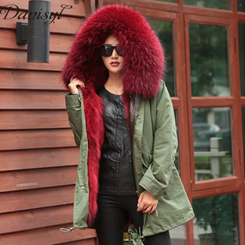 2017 Роскошные Для женщин зима большой реальный енот меховой воротник с капюшоном