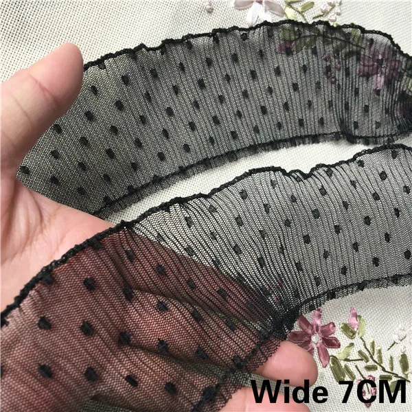

7CM Wide Stylish Tulle White Black Dot Embroidery Lace Ribbon Applique Elastic Ruffle Trim DIY Crafts Sewing Guipure Supplies