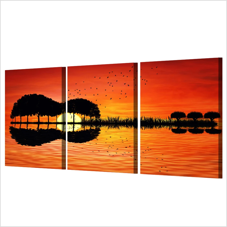 3 шт. гитара дерево озеро отражение закат холст краски Wall Art Абстрактная HD