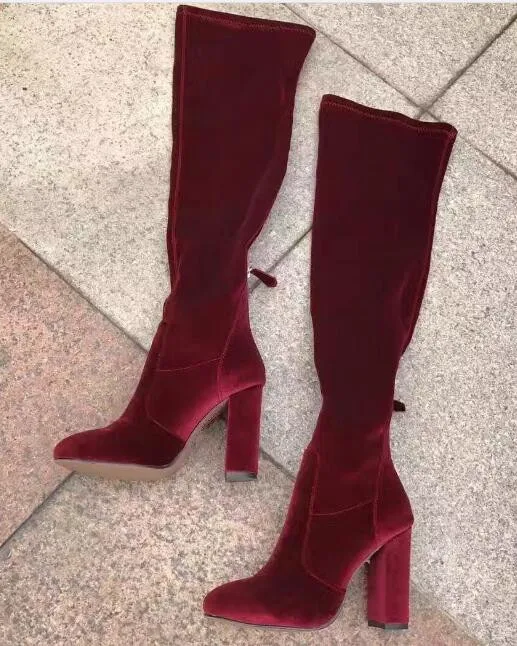 wine red Осенне-зимние уличные модные облегающие высокие женские сапоги до бедра на Высоком толстом каблуке; черные/синие/винно-Красные эластичные высокие сапоги; DFS049 - Цвет: wine red