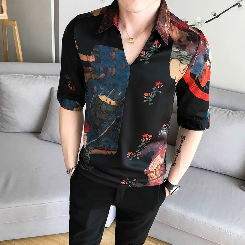 V образный воротник китайский Стиль рубашка Для мужчин Slim Fit Корейская одежда с