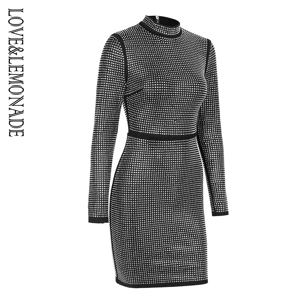 Love& Lemonade черный воротник-стойка обертывание груди клей алмазное украшение Bodycon длинный рукав вечернее платье LM81559