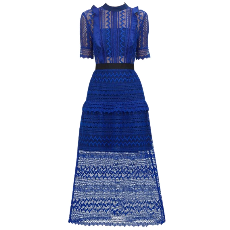 Эксклюзивное благородное синее кружевное Макси-платье для женщин роскошный