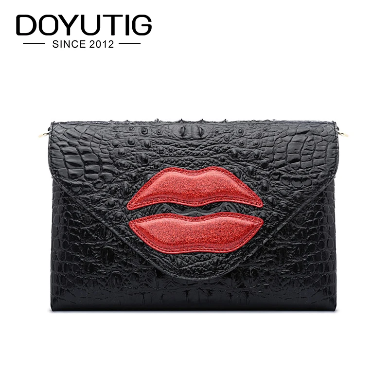 

DOYUTIG European Women Black Genuine Leather Day Clutches With Red Crystal Lips Pattern Lady Crocodile Leather Money Purses A208