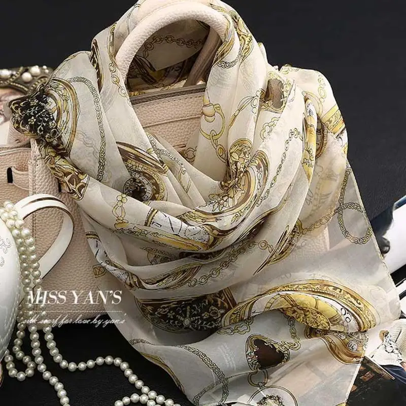 Женский шарф из натурального шелка Модный классический с принтом цепей сезон