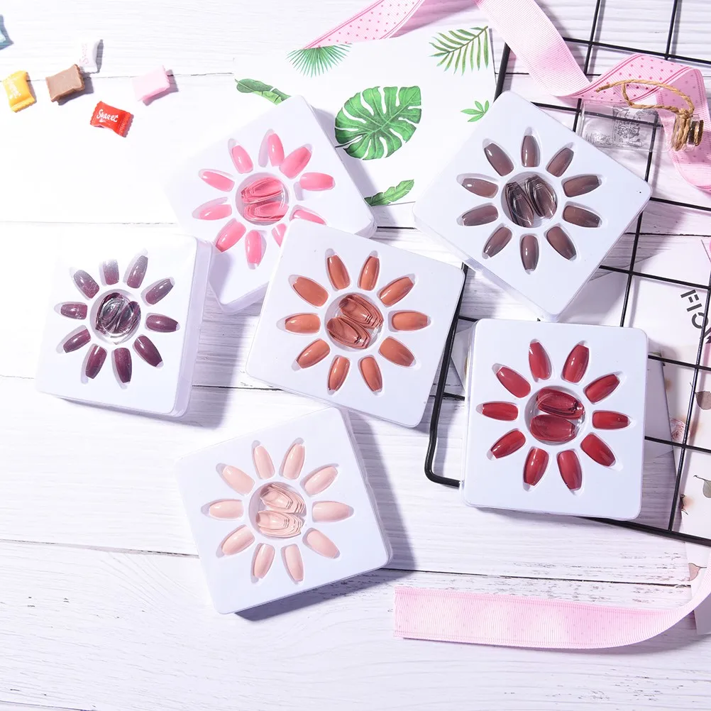 24 шт. однотонный УФ-гель для салона искусственные ногти с клеем Длинные накладные