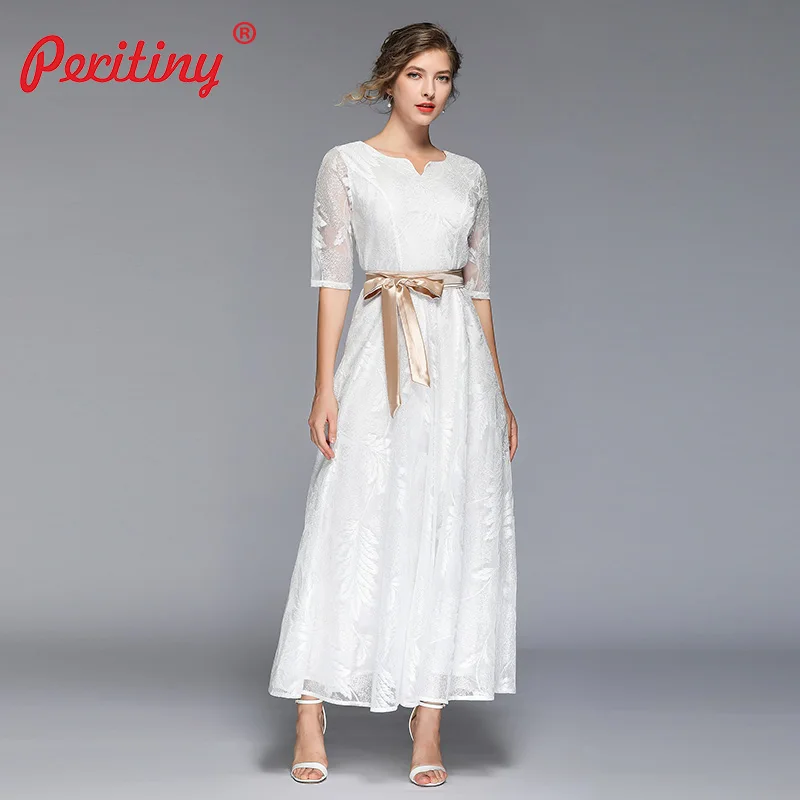 Peritiny 2019 Летнее Длинное платье белое кружевное Мягкое с коротким рукавом и