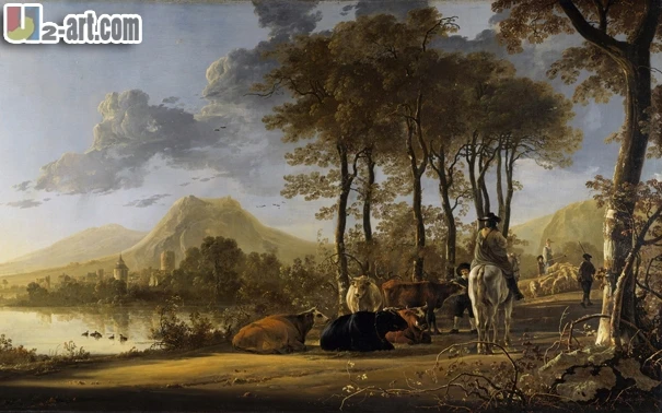 Картина на холсте (Aelbert Cuyp River горизонтальный пейзаж с горцом и крестьянцами)