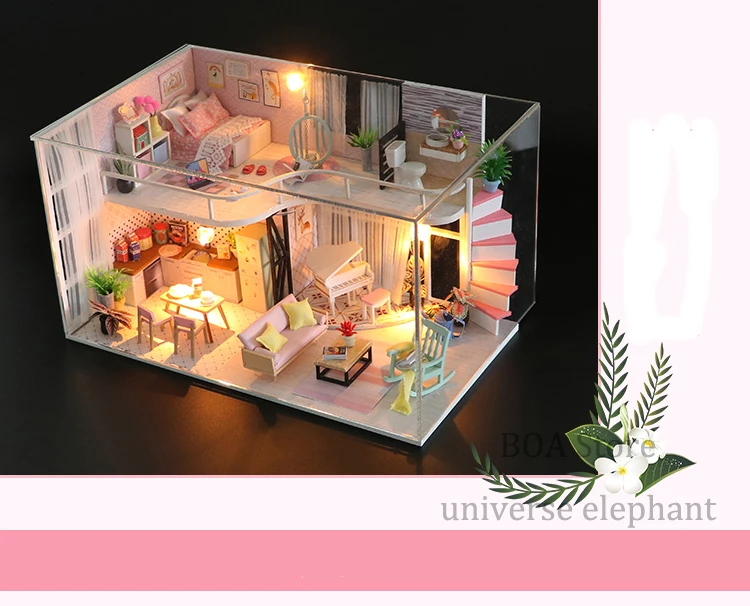 Кукольный домик Миниатюрный с мебелью Diy кукольный домик Деревянные игрушки для детей на день рождения Рождественские подарки Анна розовая Мелодия M035