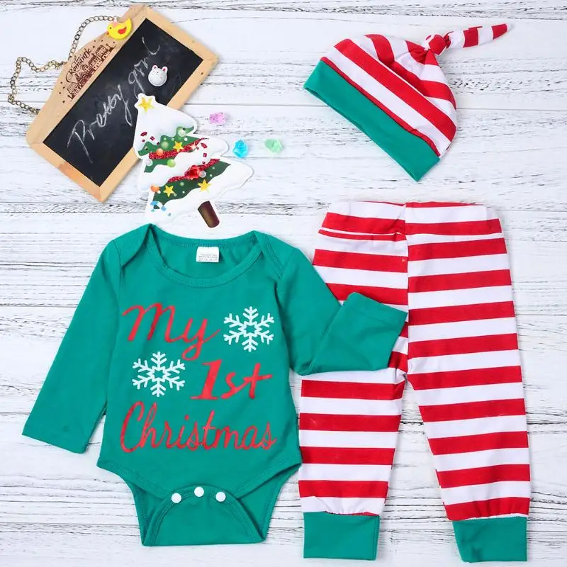Комплект зимней детской одежды из 3 предметов с надписью «My First Christmas» для мальчиков и девочек, костюм Снежинки, комбинезон, штаны в полоску, шапка, боди для новорожденных, костюм