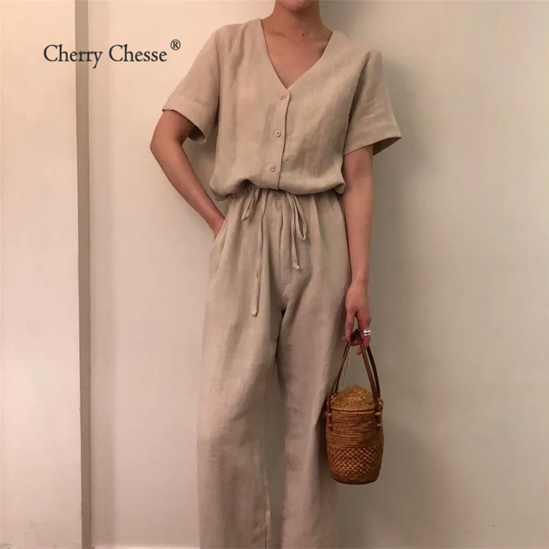 Cherry Chesse Твердые Кнопка Для женщин летние комбинезоны Drawstring V шеи комбинезон