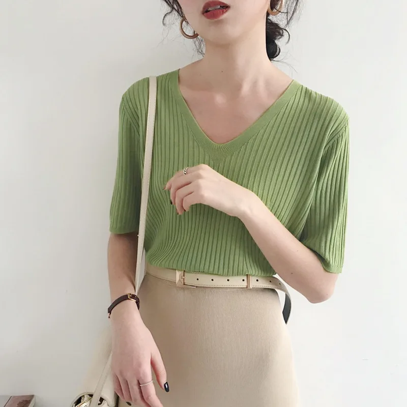 Новинка 2020 женские рубашки трикотажные летние женская одежда с V образным