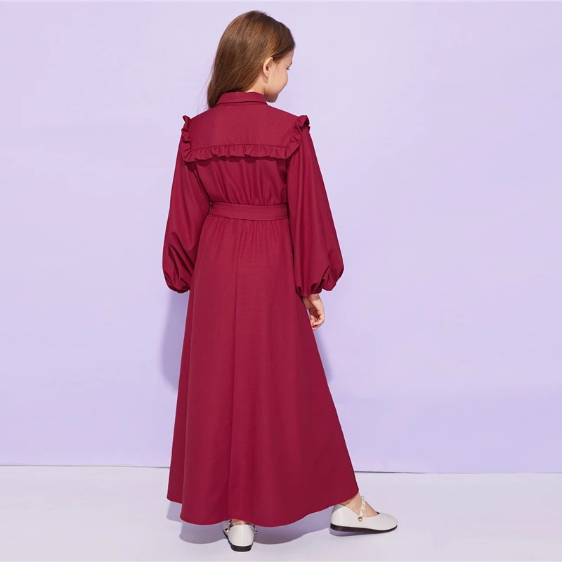SHEIN/милое Бордовое платье с оборкой и поясом для девочек; детская одежда; коллекция года; весеннее повседневное длинное платье трапециевидной формы с длинными рукавами и пуговицами
