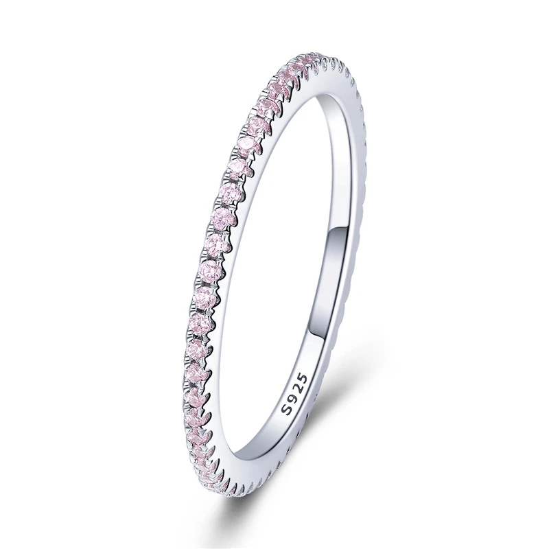 Pink BAMOER, классические, 925 пробы, серебряные, высокое качество, Круглые, прозрачные, CZ, геометрические, штабелируемые кольца для женщин, свадебные украшения, подарок SCR066 - Цвет основного камня: Pink