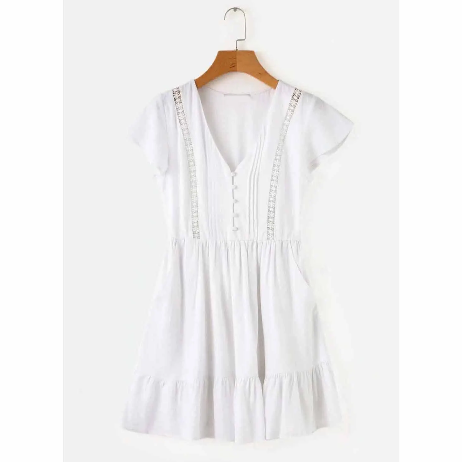 Женское кружевное короткое платье с оборками Boho белое пляжное v образным вырезом