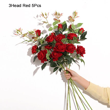 5pcs red 5 шт., 3 головки, красная роза, искусственный цветок, букет, розовый, белый, шампань, розы, весенний Декор для дома, свадебные, вечерние, декор для стола, цветы - Цвет: 5pcs red